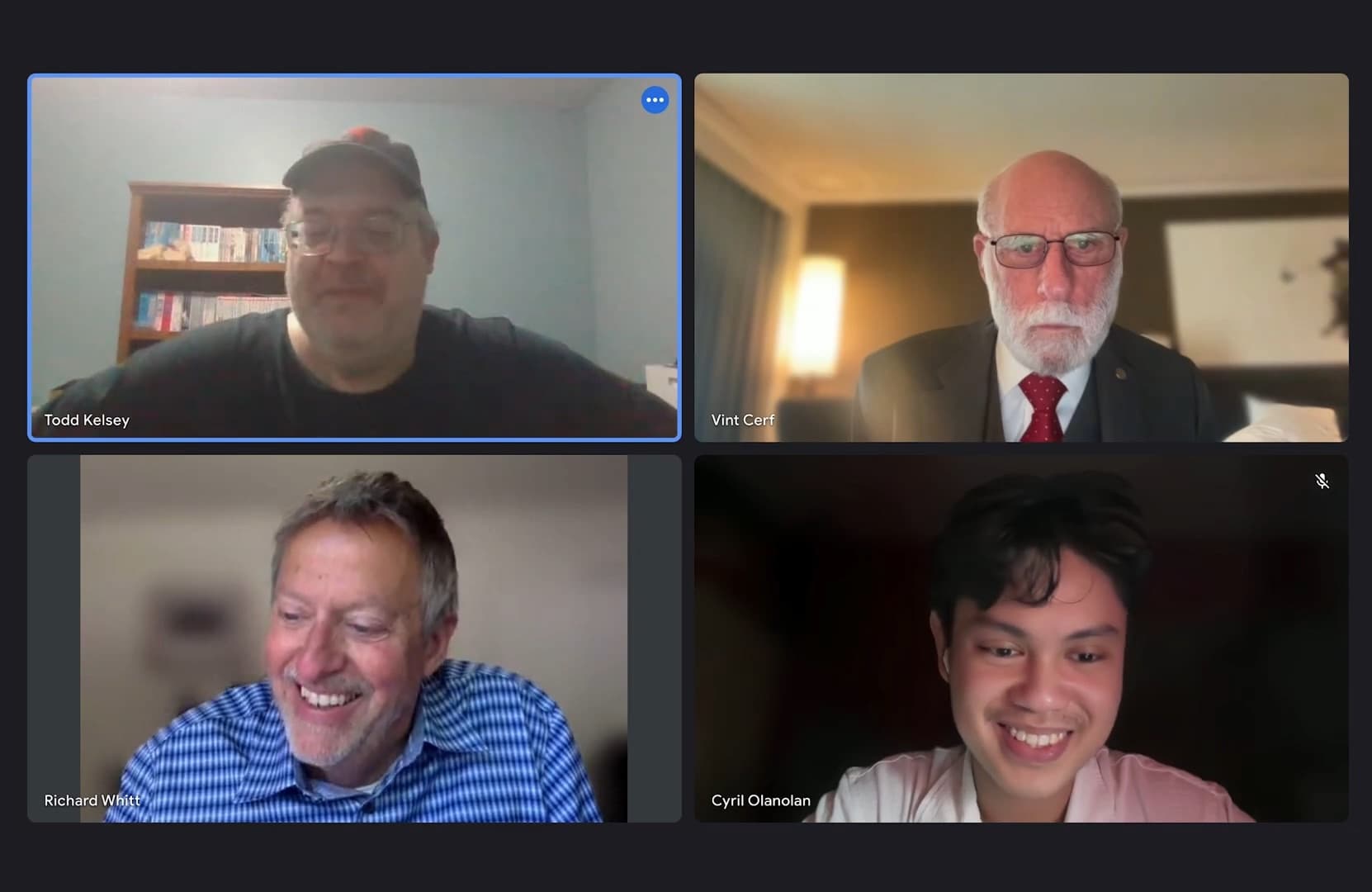 A four-person video call: Todd Kelsey, Vint Cerf, Richard Whitt, and Cyril Olanolan