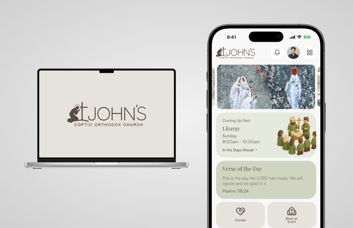 The St John's app home screen on a phone, beside the staff dashboard on a laptop