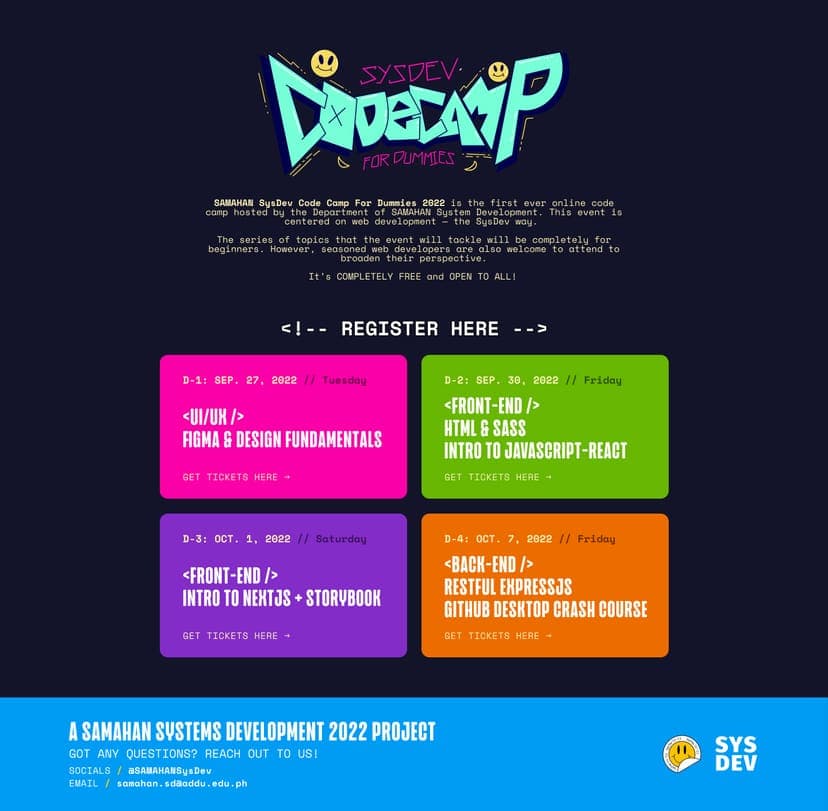 The SysDev Code Camp 2022 website on desktop