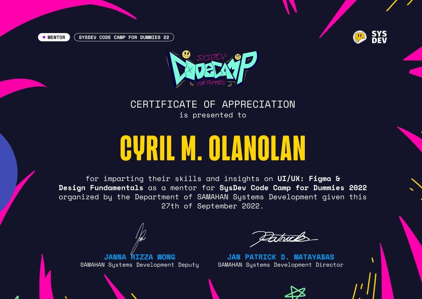 The SysDev Code Camp 2022 participant certificate