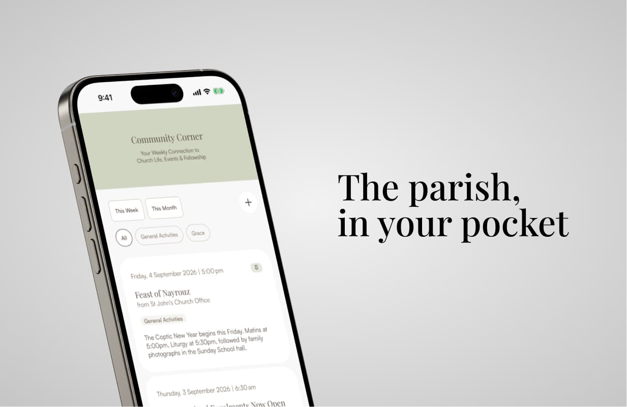 The Community Corner screen, listing the week's parish announcements