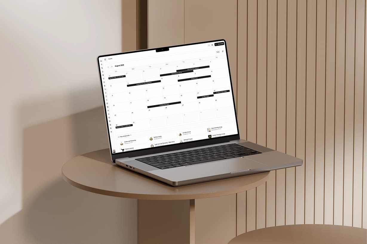 The events manager calendar in the staff dashboard, showing a month of liturgies and feasts