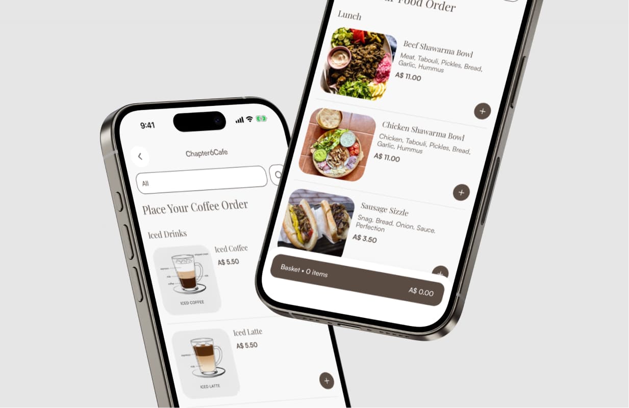 Two phones side by side: the Chapter 6 Cafe coffee menu and the Shepherd's Table food menu